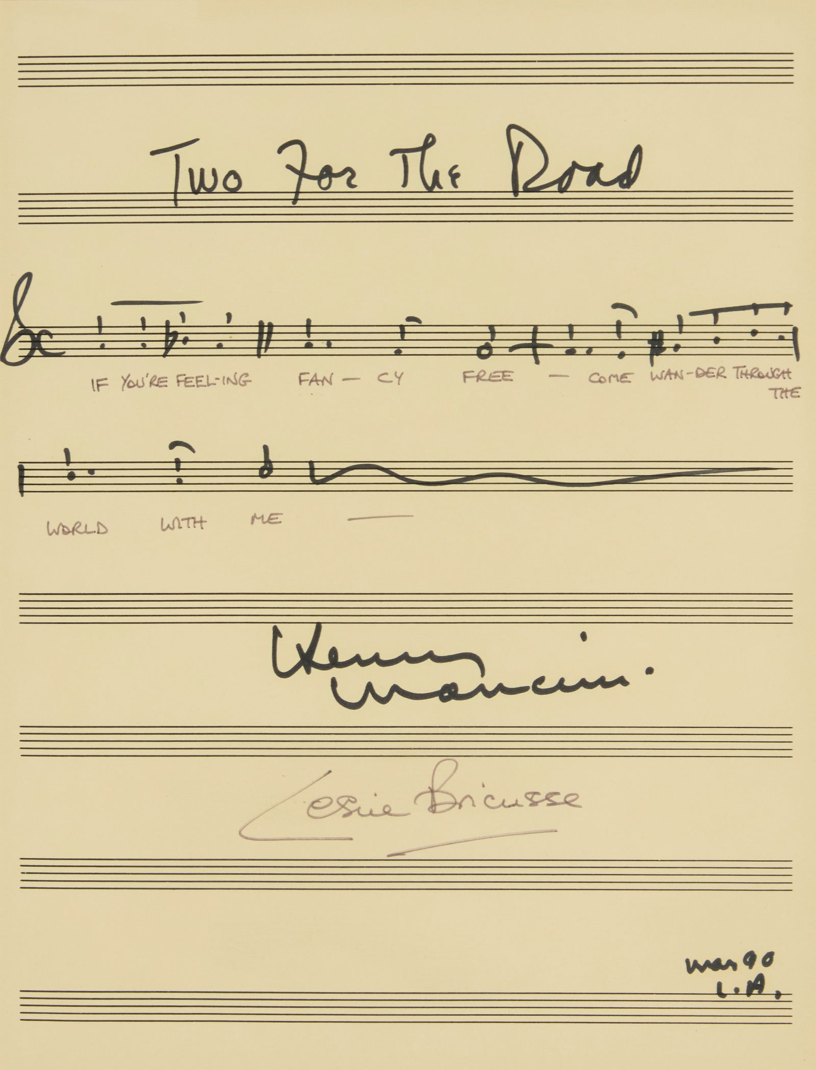 "Two For The Road" music sheet signed by Henry Mancini and Leslie Bricusse (1 of 5)