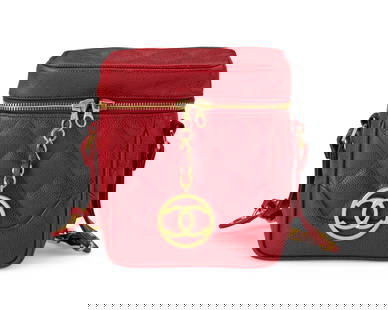 CHANEL: A Vintage Red Caviar Matelasse Vanity Shoulder Bag: CHANEL: A Vintage Red Caviar Matelasse Vanity Shoulder Bag Circa 1989-1991; Italy Marked to interior: Chanel / Copr / Made in Italy; tag and card: 1967389 A small vanity-style box bag with gold-tone