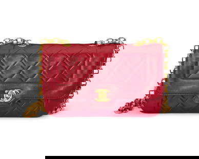 CHANEL: A Red Quilted Lambskin Mini Diana Shoulder Bag: CHANEL: A Red Quilted Lambskin Mini Diana Shoulder Bag Circa 1990s; France Marked to interior: Chanel / Copr / Made in France; tag and card: 1818871 In soft red diamond matelasse leather with square