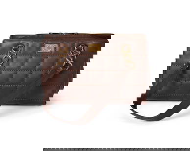 CHANEL: A Brown Leather Square Quilted Handbag: CHANEL: A Brown Leather Square Quilted Handbag Circa 2002-2003; Italy Marked to interior label: Chanel / Copr / Made in Italy; tag: 7806479 A rectangular tote bag with dual leather and chain link