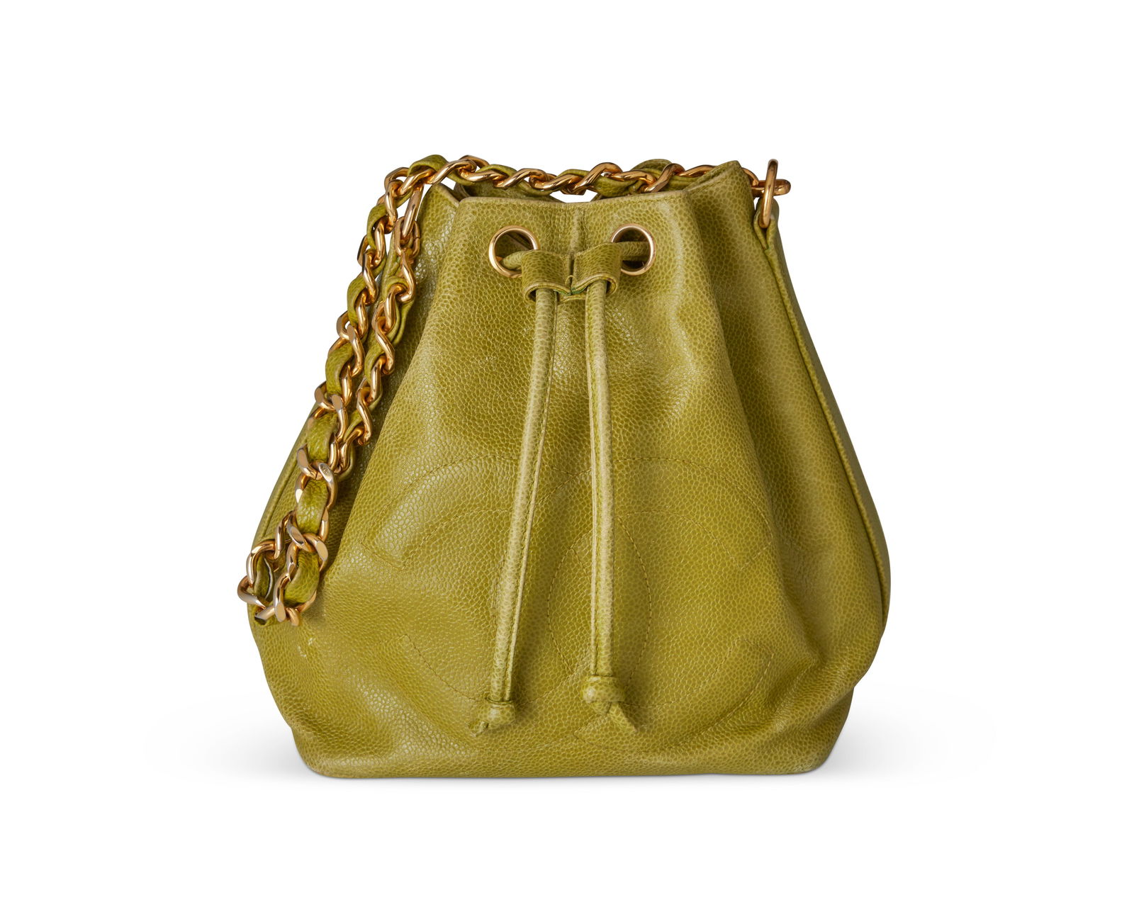 CHANEL: A Vintage Lime Green Caviar CC Drawstring Bucket Bag (1 of 8)
