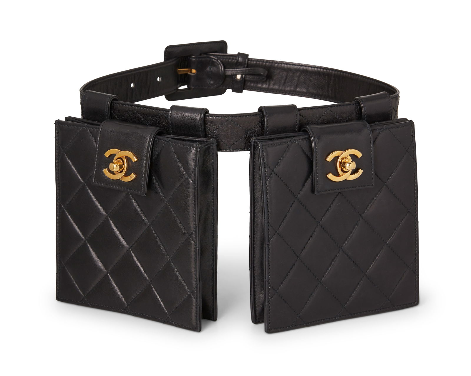 CHANEL: A Pair of Black Leather Hip Bags & Belt (1 of 15)