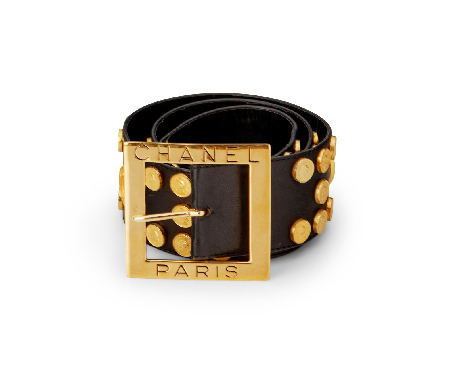 CHANEL: A Vintage Black Leather CC Coin Embellished Leather Belt (1 of 2)