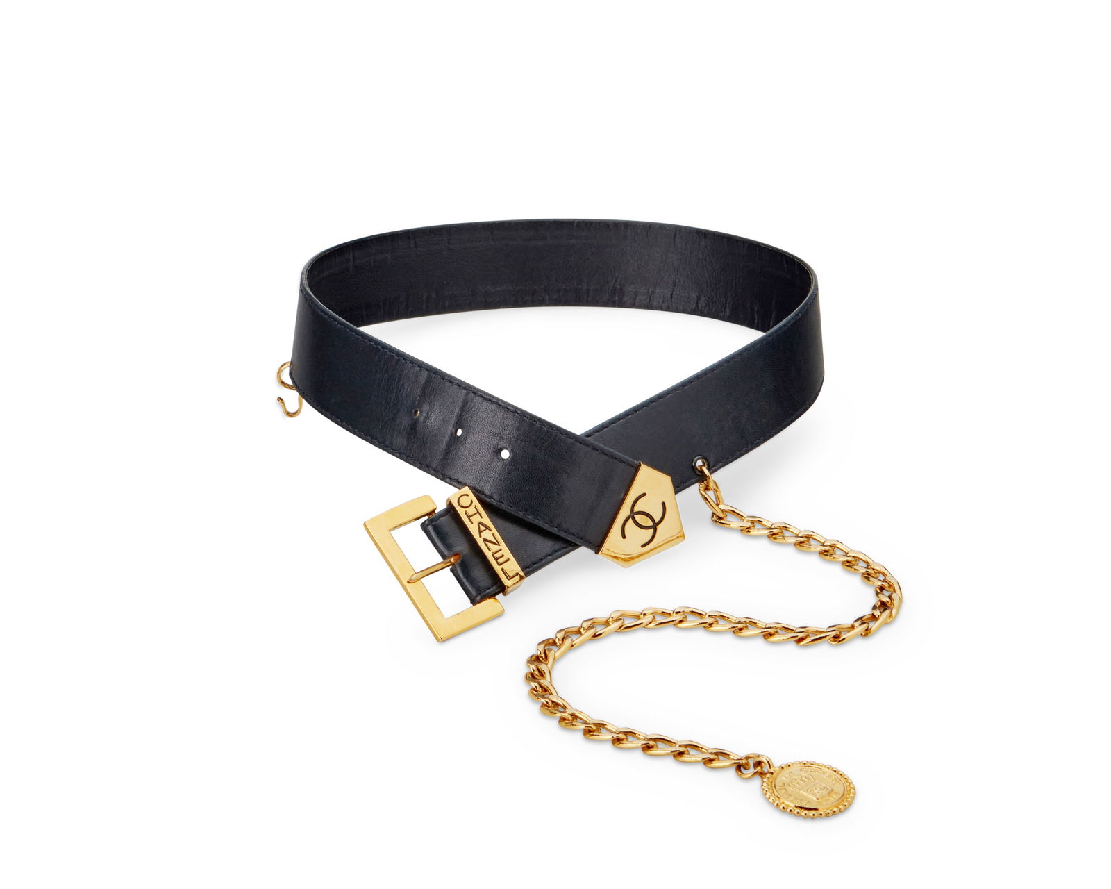 CHANEL: A Vintage Navy Leather Belt with CC Medallion Chain (1 of 3)