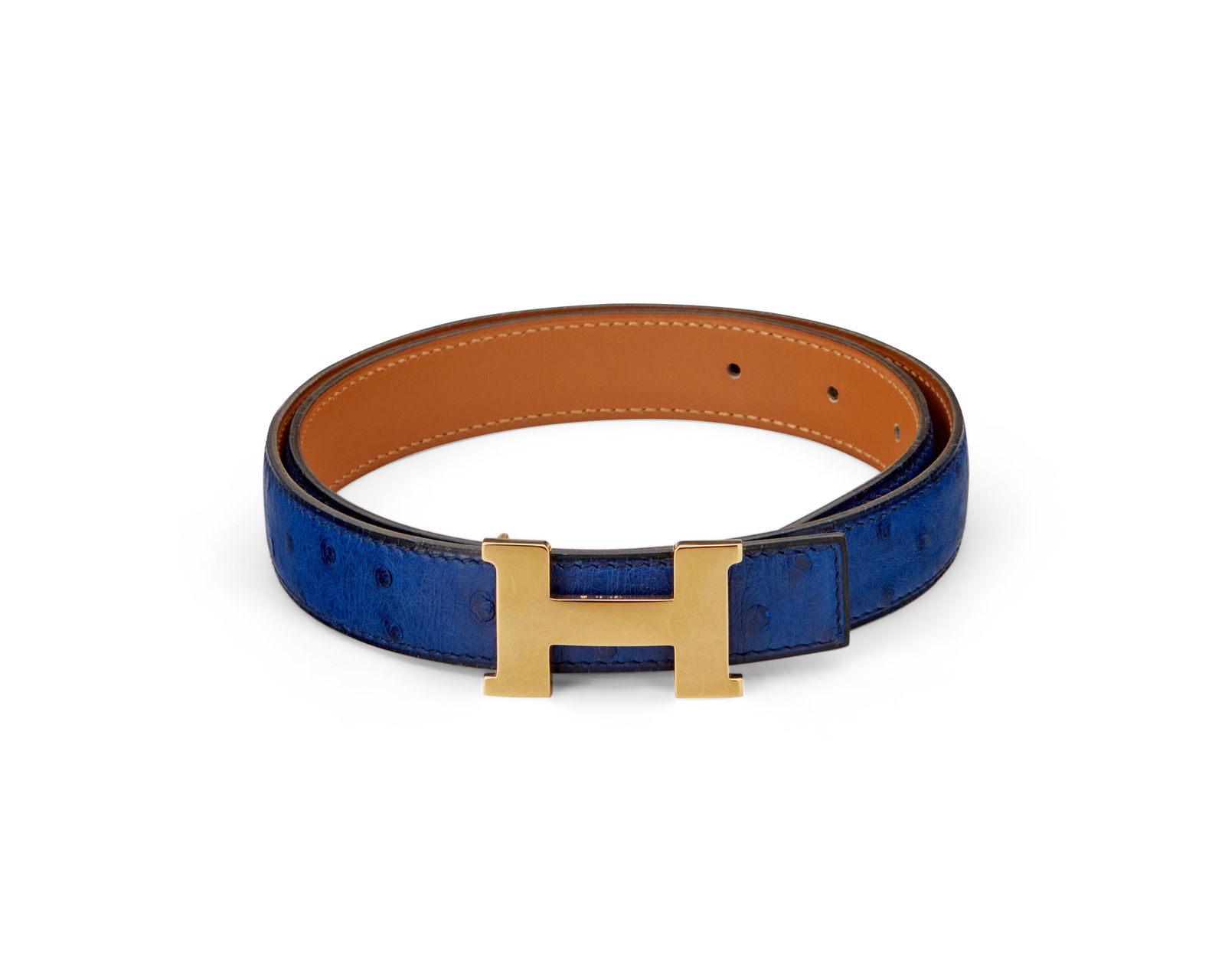 Hermes: A Vintage Blue Ostrich 24 mm Mini Constance Guillochee Belt Buckle and Belt (1 of 3)