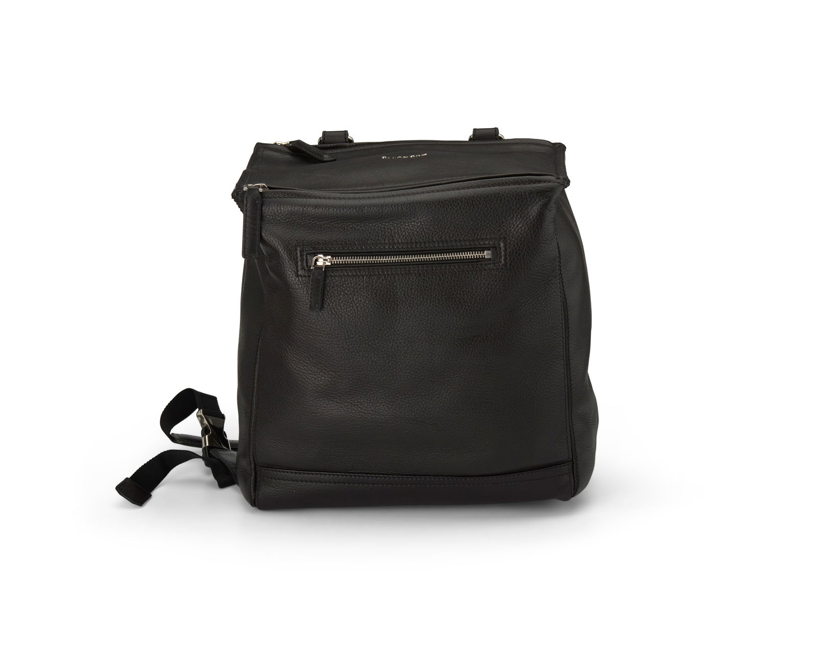 Givenchy: A Black Leather Pandora Backpack: Givenchy: A Black Leather Pandora BackpackCirca mid-2000s; ItalyMarked to interior: Givenchy / Made in Italy; number: EF A 0195A large backpack bag in black textured leather with silver-toned hardware