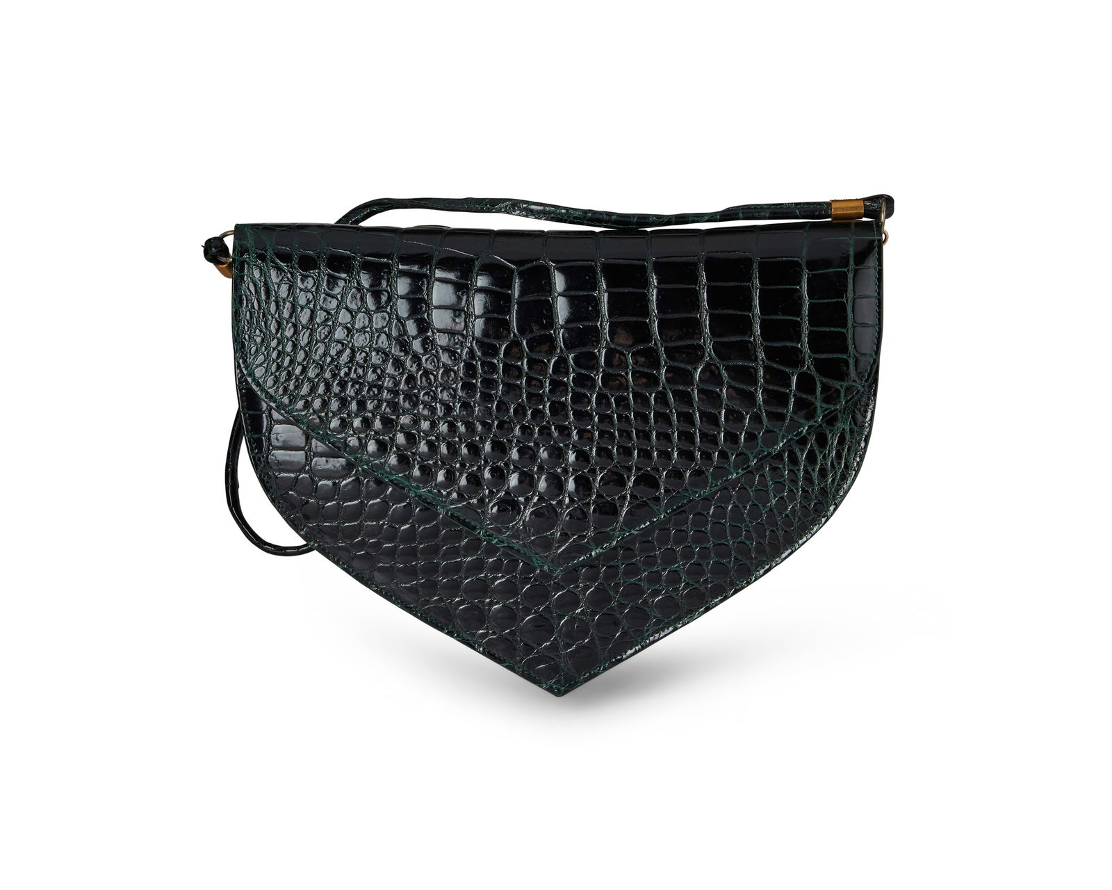 Guy Laroche: A Vintage Green Alligator Envelope Clutch: Guy Laroche: A Vintage Green Alligator Envelope ClutchCirca 1980s-1990s; FranceMarked to flap interior: Guy Laroche / Paris / Made in FranceA shaped dark green embossed alligator leather clutch with V