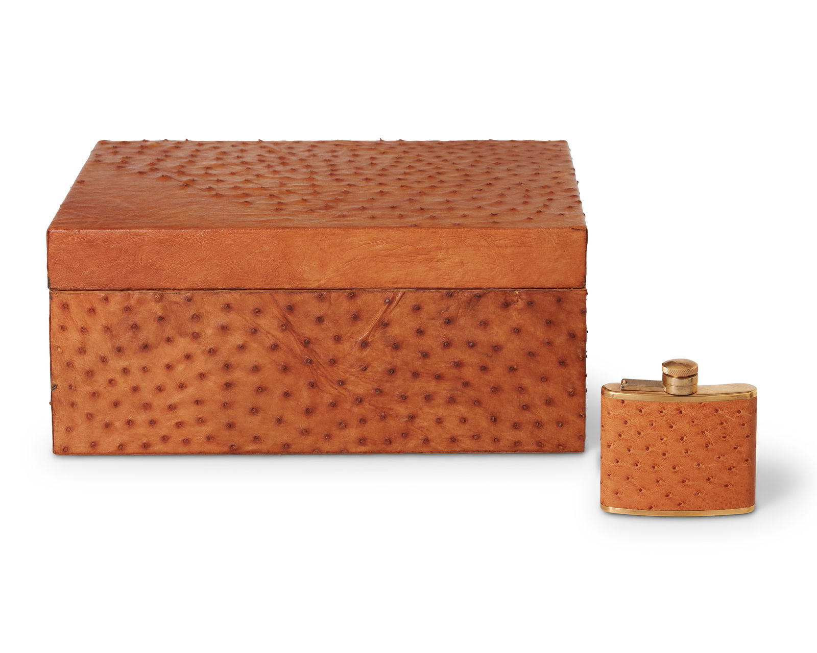 An English ostrich skin-clad gold-plated flask and box, Mid/late 20th century (1 of 13)