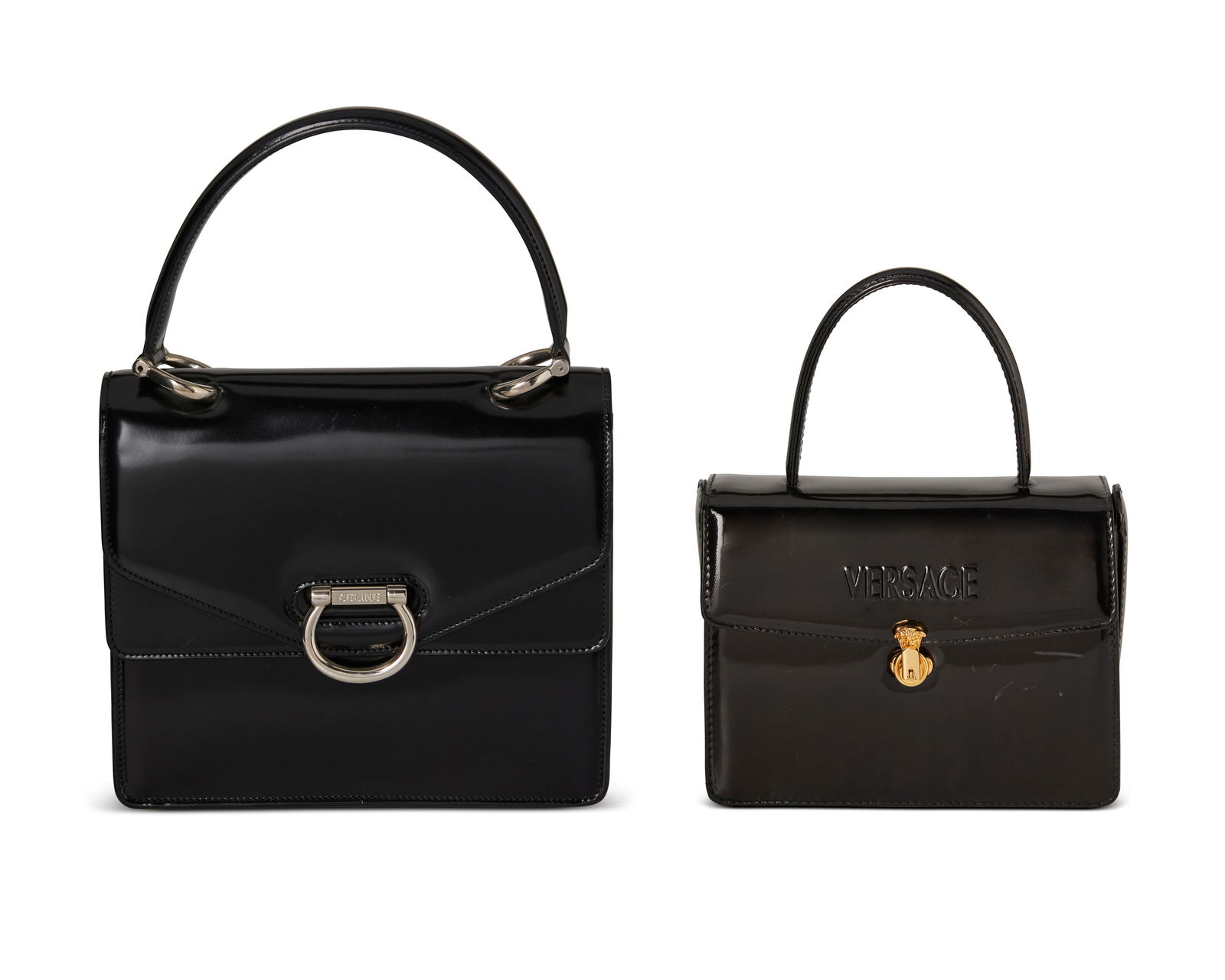 Versace & Celine: Two Designer Handbags: Versace & Celine: Two Designer HandbagsTwo works:Gianni Versace: A vintage "Couture" sparkle brown patent leather handbagCirca 1980s-1990s; ItalyMarked to interior label: Gianni Versace Cout
