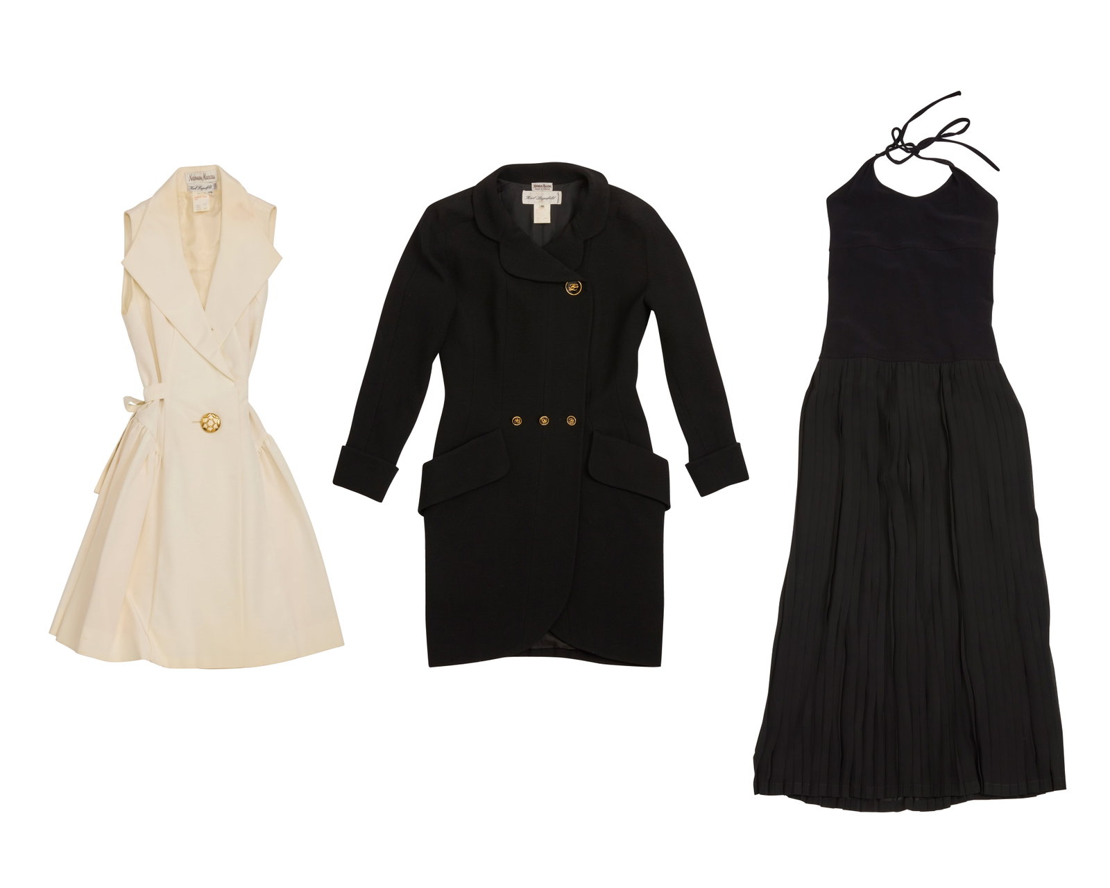 Karl Lagerfeld: A Group of Vintage Clothing: Karl Lagerfeld: A Group of Vintage Clothing Circa 1980s Each labeled: Karl Lagerfeld / Made in France / Neiman Marcus Three works: A cream cotton/acetate sleeveless wrap-front dress with wide lapel co