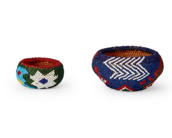 Two Paiute polychrome beaded gift baskets