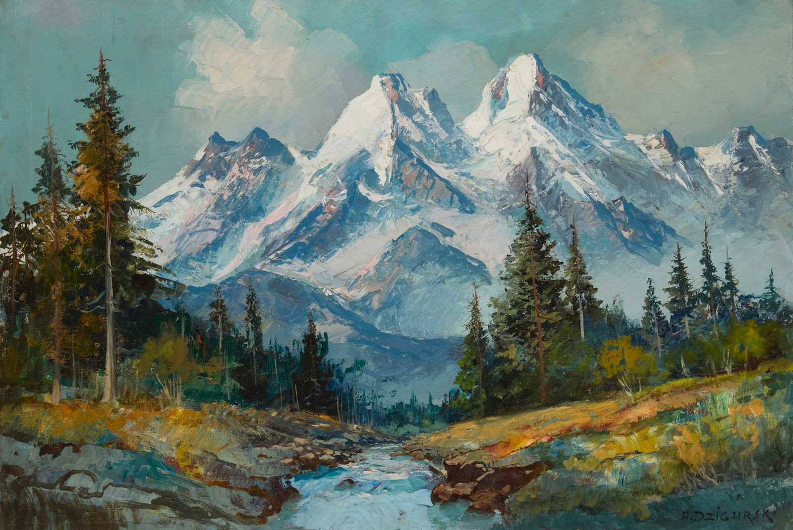 Alexander Dzigurski (1911-1995), "Glacier National Park, Montana," 1967: Alexander Dzigurski(1911-1995)"Glacier National Park, Montana," 1967Oil on canvasSigned lower right: A. Dzigurski; with the artist's copyright ink stamp, twice, verso; titled and dated from