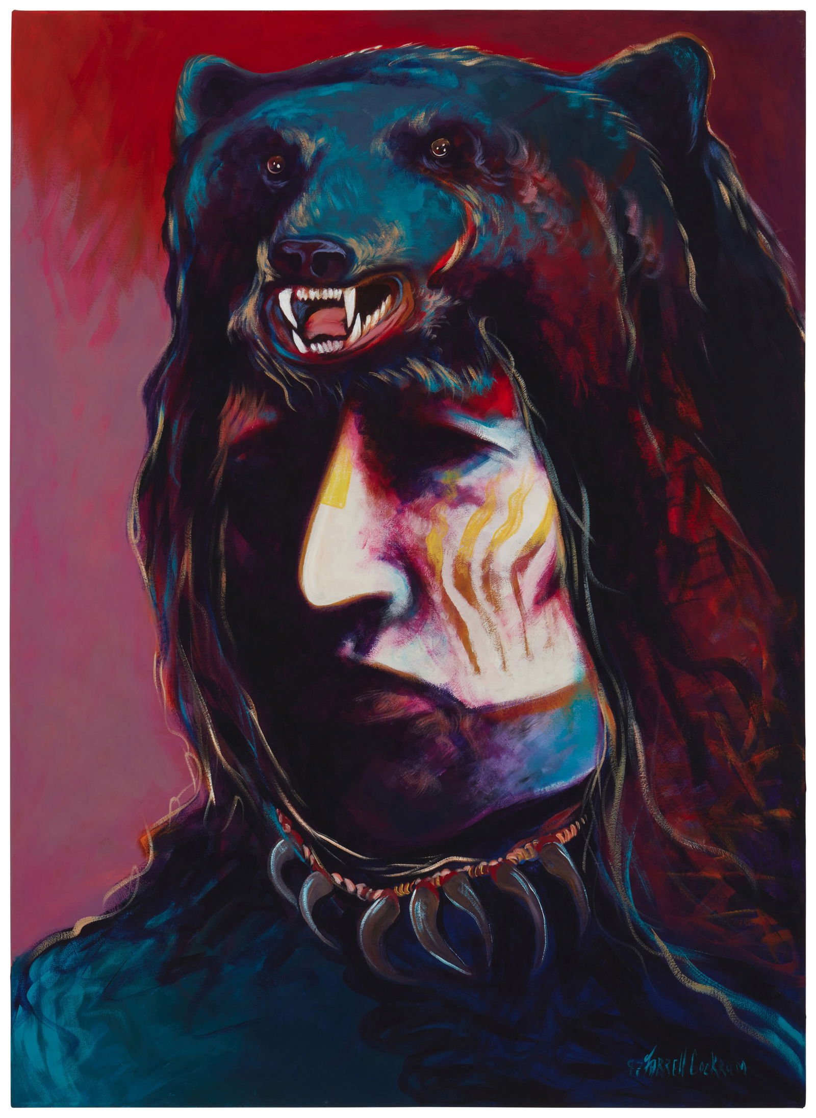 Farrell Cockrum (20th/21st century, Blackfoot), Portrait in a bear headdress: Farrell Cockrum(20th/21st century, Blackfoot)Portrait in a bear headdressAcrylic on canvasSigned lower right: Farrell Cockrum48" H x 36" W