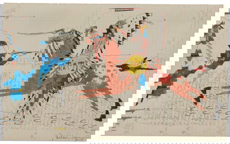 Michael Horse (b. 1951, Yaqui/Mescalero Apache/Zuni), Warrior on horseback galloping toward US