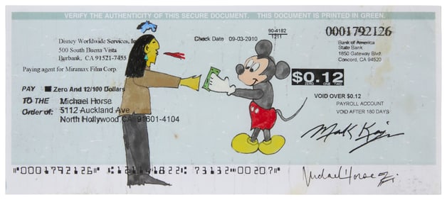 Michael Horse (b. 1949, Yaqui/Mescalero Apache/Zuni), Native figure receiving money from Mickey