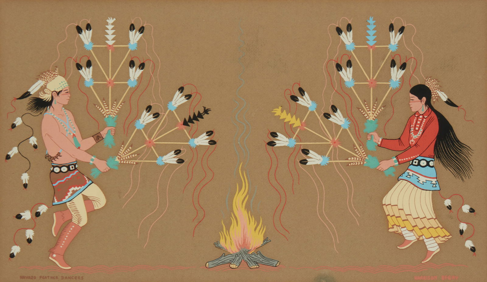 Harrison (Haskay Yahne Yah) Begay (1917-2012, Navajo/Dine), "Navajo Feather Dancers" (1 of 6)