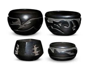 Four Tafoya family Santa Clara Pueblo blackware pottery vessels