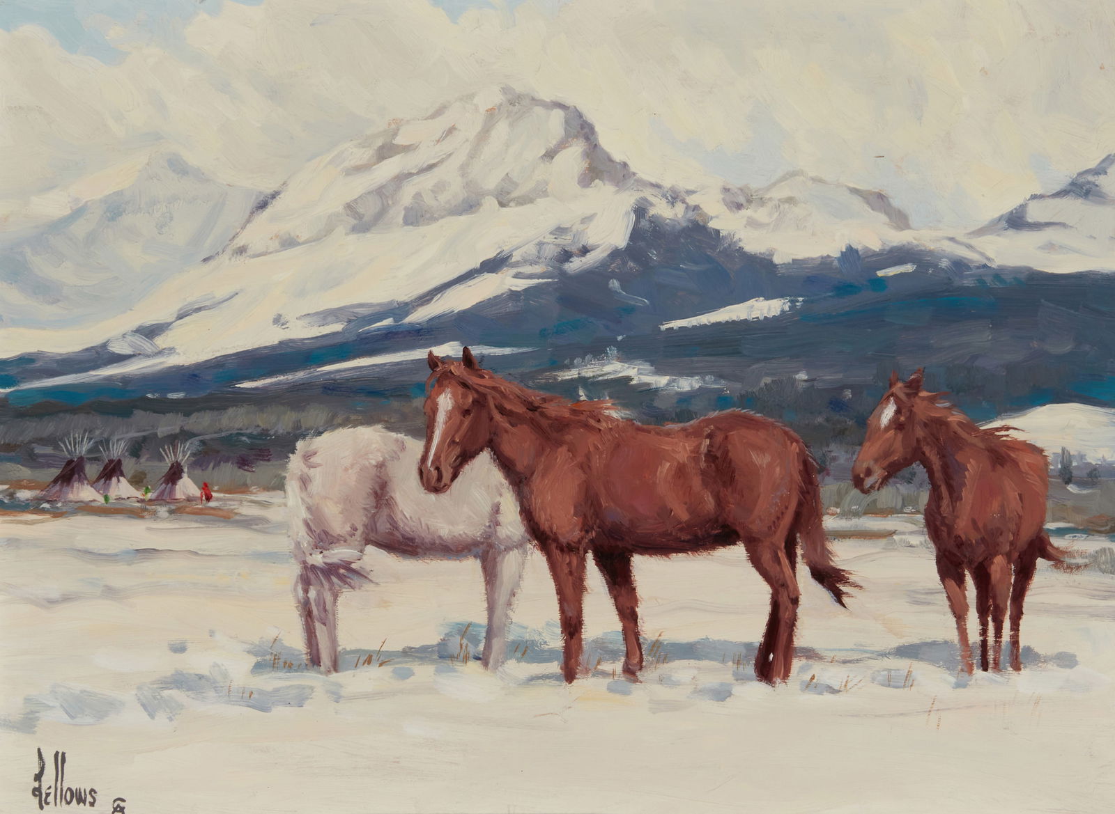 Fred Fellows (b. 1934), "Winter Remuda": Fred Fellows(b. 1934)"Winter Remuda"Oil on MasoniteSigned and inscribed with the Cowboy Artists of American monogram lower right: Fellows / CA; titled on a label affixed verso12" H x 16