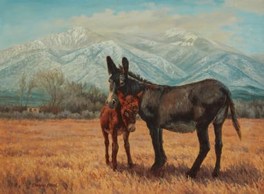 Dwayne Brech (b. 1946), A donkey and foal in a Western mountain landscape