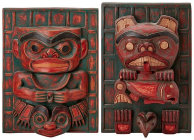 Two Northwest Coast/Kawkutil carved cedar panels