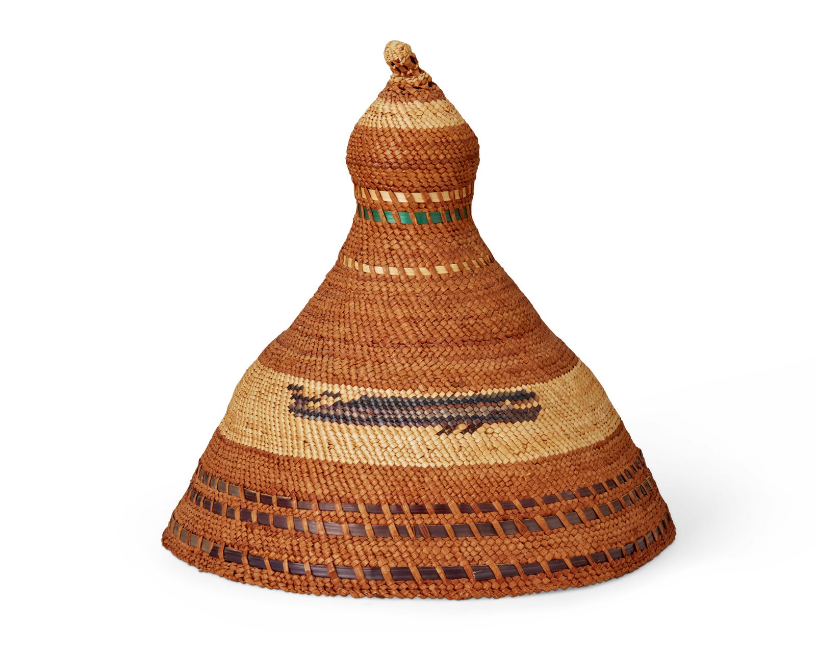 A Nootka Maquinna basketry whaler's hat: A Nootka Maquinna basketry whaler's hatEarly 20th century; Pacific Northwest CoastThe twined hat with imbricated multicolor whale motif and a boat with figures11.5" H x 12.25" Dia.