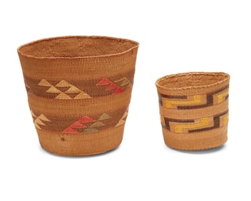 Two Tlingit polychrome baskets
