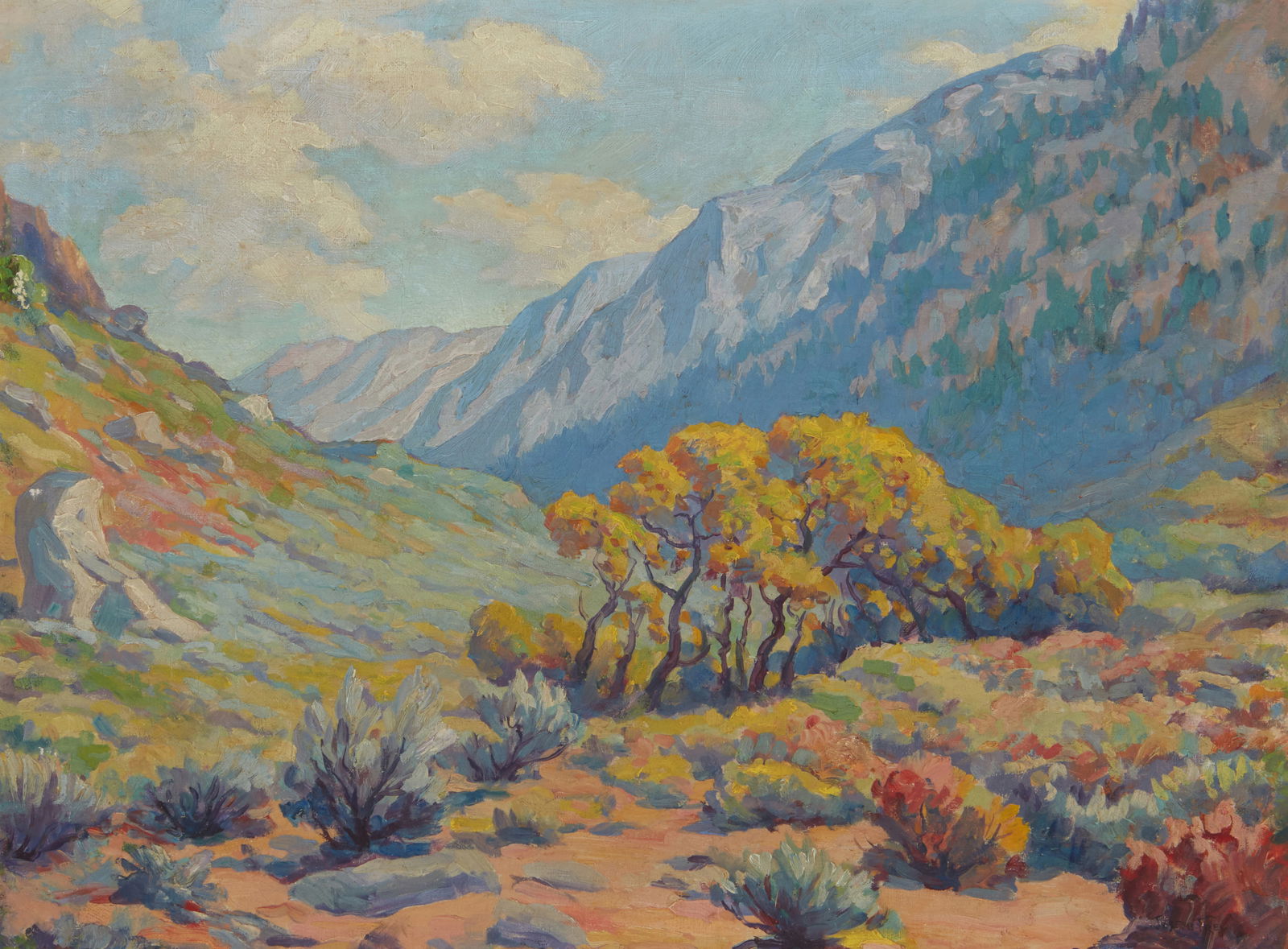 Joseph Frey (1892-1977), Desert shrubs in a mountainous landscape: Joseph Frey(1892-1977)Desert shrubs in a mountainous landscapeOil on canvas laid to waxed canvasSigned lower right: Joseph Frey18" H x 24" W Provenance:Sold: Bonhams, San Francisco, CA