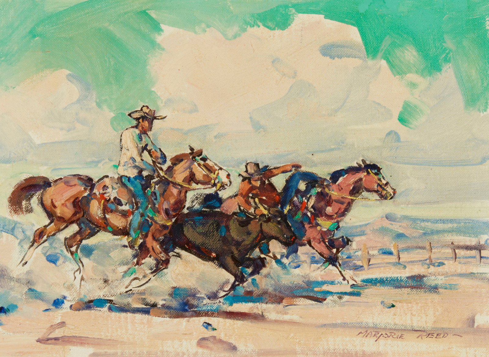 Marjorie Reed (1915-1996), "The Bulldoggers": Marjorie Reed (1915-1996) "The Bulldoggers" Oil on canvas Signed lower right: Marjorie Reed; signed again and titled in ink, verso 9" H x 12" W Other Notes: American artist Marjori