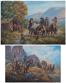 Andrew Berrick (b. 1927), Outlaws ambushing a stagecoach, 2012; and Cowboys chasing a family of