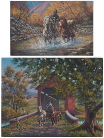 Andrew Berrick (b. 1927), Horse-drawn wagon crossing a covered bridge; and Cowboy forging a river,