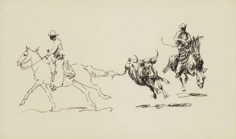 Edward Borein (1872-1945), Cowboys roping steer