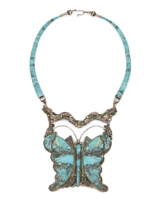 An Annie Eagle Navajo sterling silver and turquoise butterfly necklace