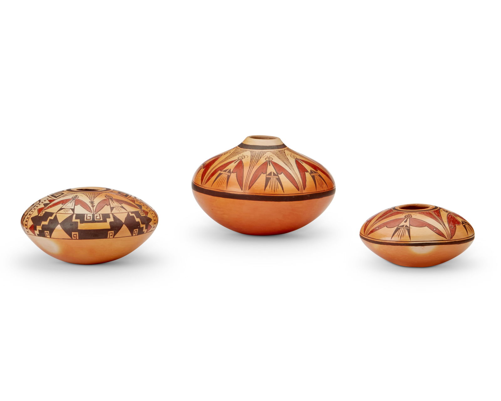Vernida Polacca Nampeyo (b. 1955, Hopi-Tewa), Three polychrome yellowware pottery seed jars, late (1 of 4)