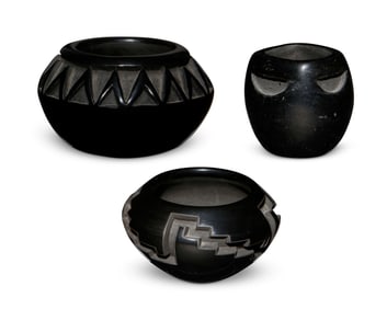 Three Santa Clara Pueblo blackware pottery vessels