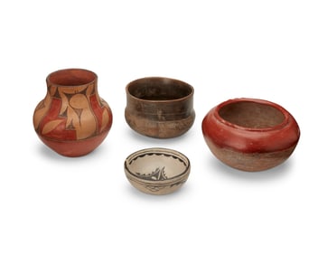 A group of Native American pottery vessels