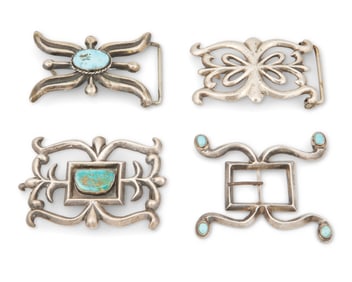 Four Southwest Navajo cast silver belt buckles