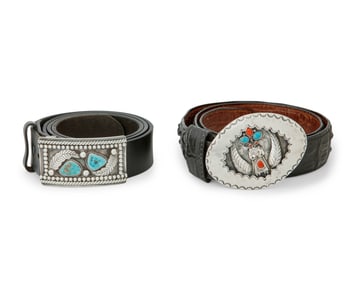 Two Southwest silver and turquoise belt buckles and belts