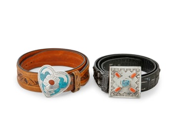 Two Southwest silver and set stone belt buckles with belts