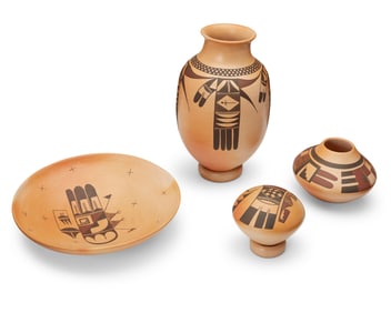 Dolly Joe "White Swann" Navasie (b. 1964, Hopi-Tewa), Four yellowware pottery vessels, Late