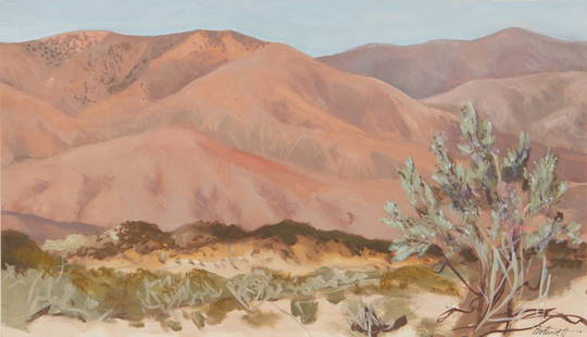 Dorr Bothwell (1902-2000), "Superstition Mts. Calif. Desert": Dorr Bothwell (1902-2000) "Superstition Mts. Calif. Desert" Oil on paper Signed in ink lower right: Bothwell; titled in ink on the verso of the back mat 8.5" H x 14.25" W