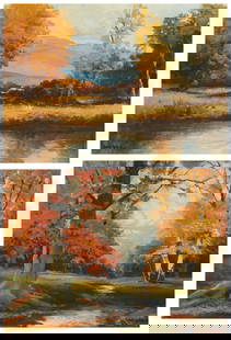 Robert Wood (1919-1980): Robert Wood (1919-1980) Two works: "Autumn Gold" Oil on canvas Signed lower left: Robert Wood; titled and with the artist's copyright ink stamp, verso 12" H x 16" W "Autumn