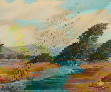 George Demont Otis (1879-1962), "Meandering Stream in Spring": George Demont Otis (1879-1962) "Meandering Stream in Spring" Oil on canvas Signed lower right: Geo. Demont Otis; titled twice in pencil and ink, verso 25" H x 30" W