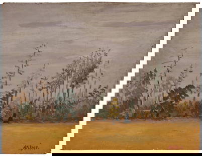 Anders Aldrin (1889-1970), "Oregon Trees," 1938: Anders Aldrin (1889-1970) "Oregon Trees," 1938 Oil on Masonite Signed lower right: Aldrin; signed again in pencil verso; titled and dated in ink, possibly in another hand, on a label