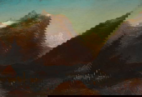 Magnus-Thulstrupp Bagge (1825-1894), Country road in a mountainous landscape, 1882: Magnus-Thulstrupp Bagge (1825-1894) Country road in a mountainous landscape, 1882 Oil on canvas Signed and dated lower right: Magnus Bagge / 1882 26.75" H x 38.25" W