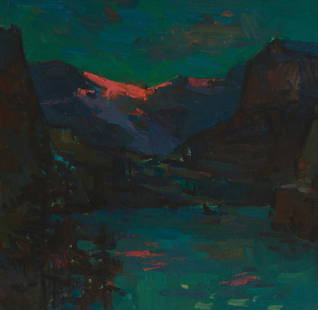 Patricia LeGrande (1941-2024), Mountainous landscape, circa 1974: Patricia LeGrande (1941-2024) Mountainous landscape, circa 1974 Oil on canvas Unsigned; inscribed, including a date of "1974," in pencil, possibly in Cyrillic, on the stretcher bar 24" H x 26" W 