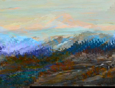 Jeanne Laurence (1865-1940), Alaskan landscape: Jeanne Laurence (1865-1940) Alaskan landscape Oil on canvas laid to board Signed lower right: Jeanne Laurence; inscribed in ink on a piece of paper affixed to the frame's backing board: "Merry