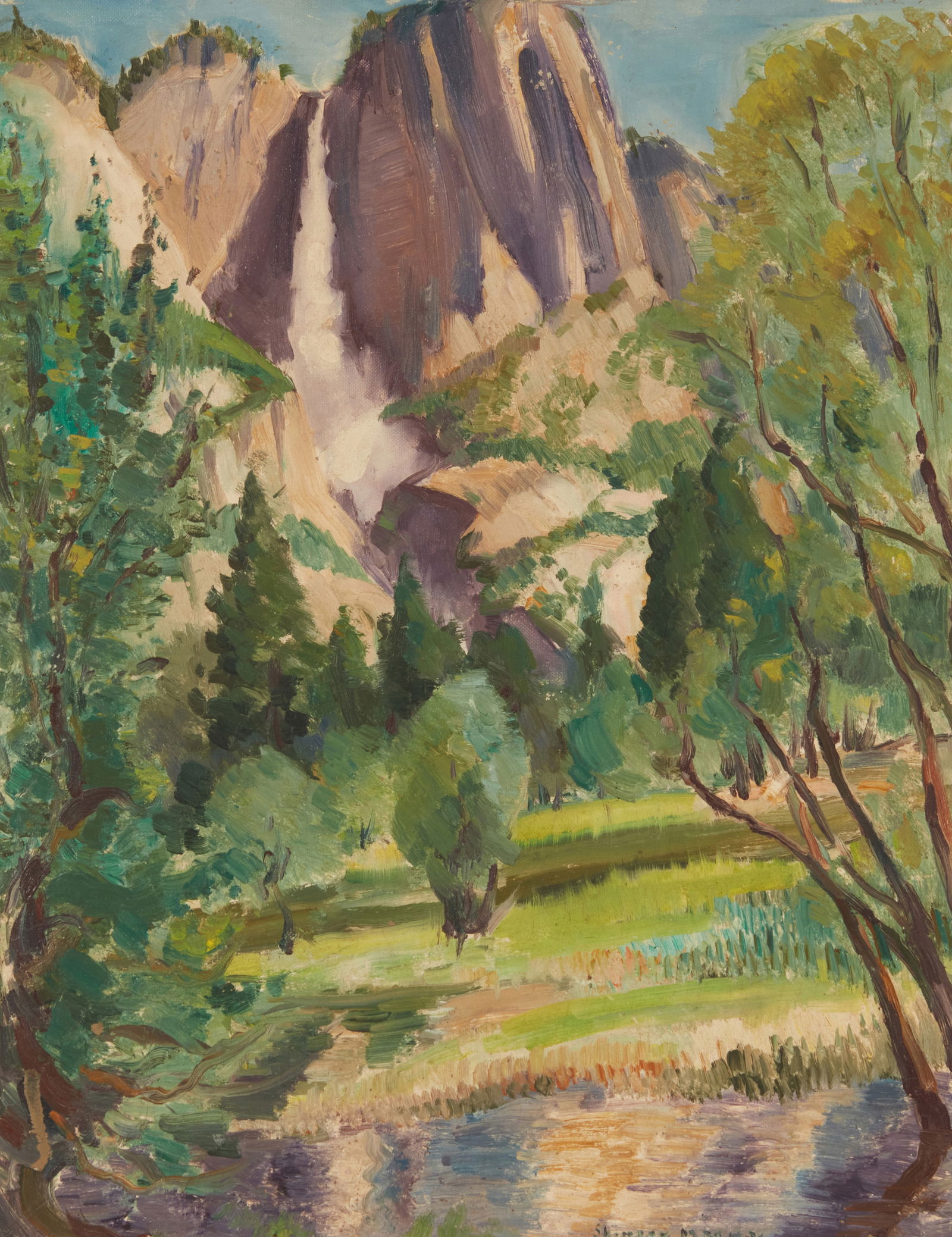 Spencer Macky (1880-1958), "Yosemite Falls," 1926: Spencer Macky(1880-1958)"Yosemite Falls," 1926Oil on canvasboardSigned in the lower edge, right of center: Spencer Macky; titled on the frame plaque; dated by repute18" H x 14" W O