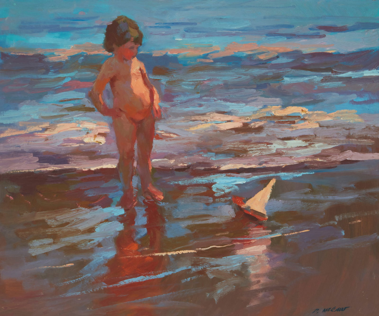 Dan McCaw (b. 1942), "Child and Toy Boat at Beach": Dan McCaw(b. 1942)"Child and Toy Boat at Beach"Oil on MasoniteSigned lower right: D. McCaw; titled on two labels affixed verso20" H x 24" W Provenance:Sold: Santa Fe Art Auct