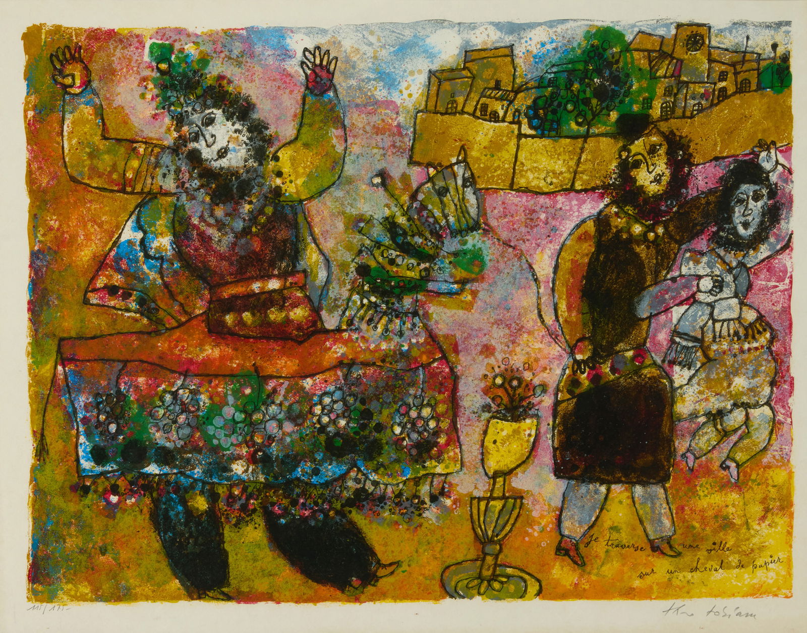 Theo Tobiasse (1927-2012), "Je traverse une ville sur un cheval de papier": Theo Tobiasse(1927-2012)"Je traverse une ville sur un cheval de papier"Lithograph in colors on Japon nacre paperEdition: 115/175Signed and numbered in pencil in the lower margin: Theo Tobias
