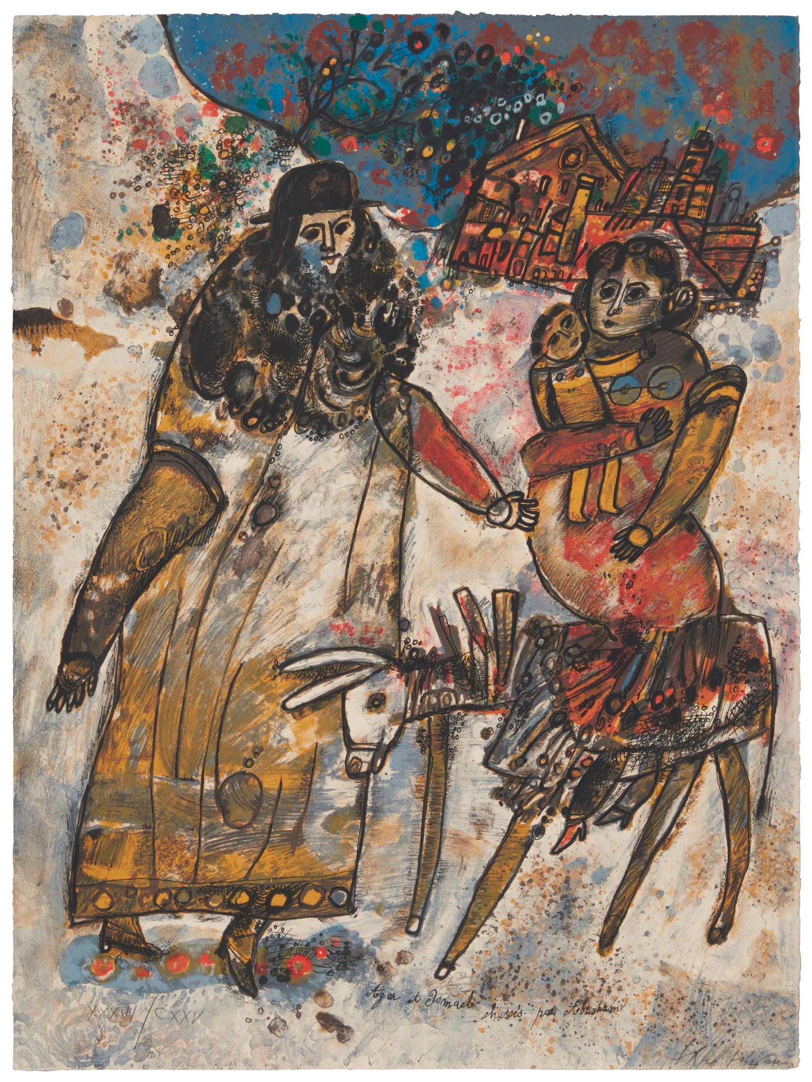 Theo Tobiasse (1927-2012), "Agar et Ismael chasses par Abraham," from the "Diaspora" suite, 1968: Theo Tobiasse(1927-2012)"Agar et Ismael chasses par Abraham," from the "Diaspora" suite, 1968Lithograph in colors on wove paperEdition: XXXVI/CXXVSigned and numbered in Roman numer